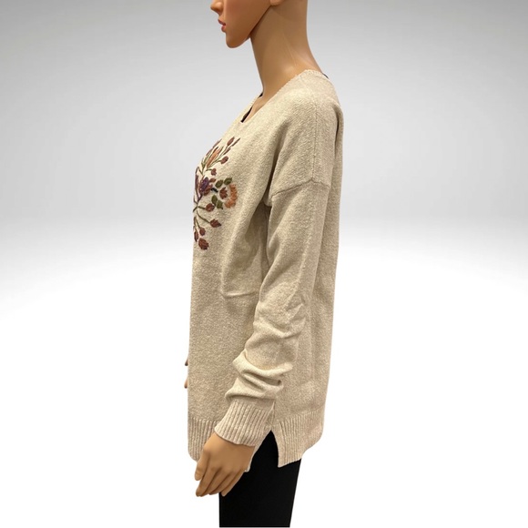 Sonoma Floral Embroidered Pullover Sweater Scoop Neck Relaxed Fit Beige Womens S - Picture 2 of 11